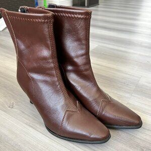brown pleather ankle boots with pointed toe and zipper closure